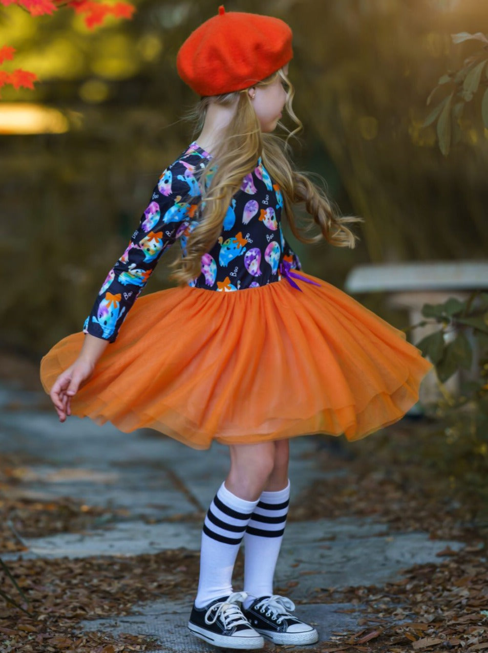 Girls long-sleeve tutu dress with tie-dye ghost print bodice, gathered tulle skirt, and embellished with a ribbon bow - Mia Belle Girls