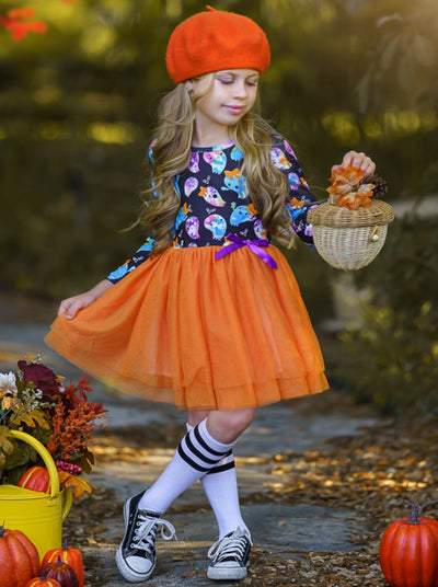 Girls long-sleeve tutu dress with tie-dye ghost print bodice, gathered tulle skirt, and embellished with a ribbon bow - Mia Belle Girls