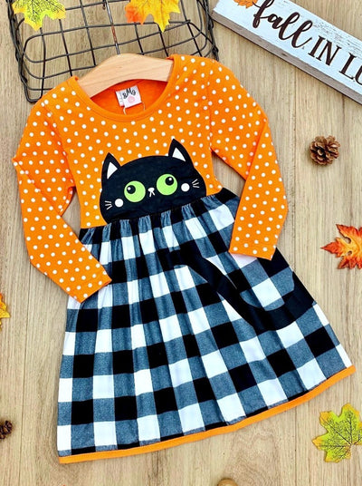 Girls Fall long-sleeve A-line dress with polka dot black car graphic bodice and plaid skirt - Mia Belle Girls