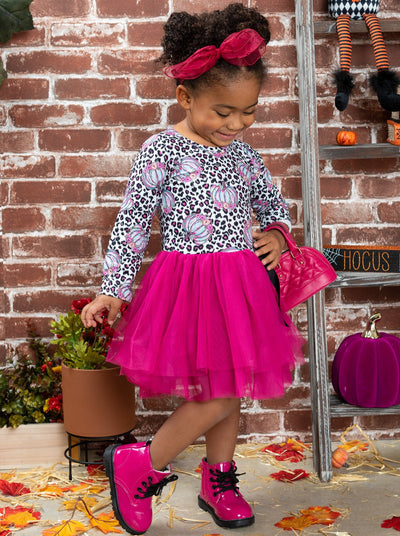 Little girls Fall long-sleeve tutu dress with pastel pumpkin leopard print bodice and gathered tulle skirt embellished with a ribbon bow - Mia Belle Girls