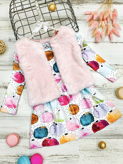 Little girls fall long-sleeve polka dot and multicolor pumpkin print A-line dress with pink plush fuzzy open vest - Mia Belle Girls