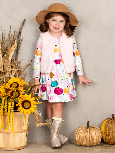 Little girls fall long-sleeve polka dot and multicolor pumpkin print A-line dress with pink plush fuzzy open vest - Mia Belle Girls