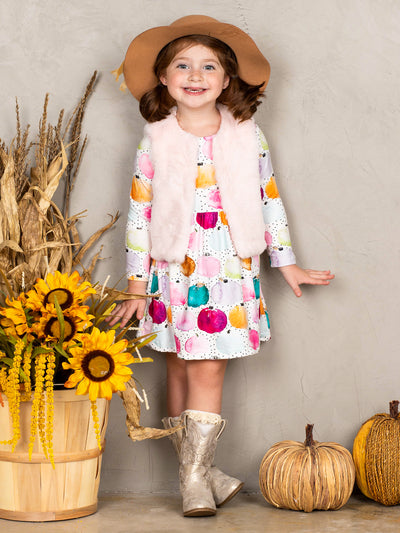 Girls Fall Dress | Pumpkin Dress & Fuzzy Vest Set - Mia Belle Girls