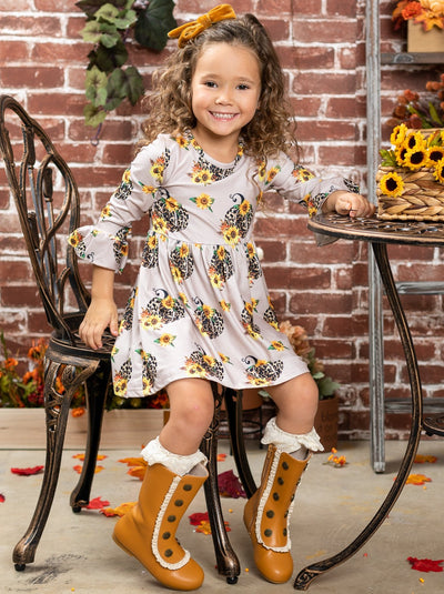 Fall Outfit | Leopard Print Pumpkin Pleated Dress | Cute Girls Clothes