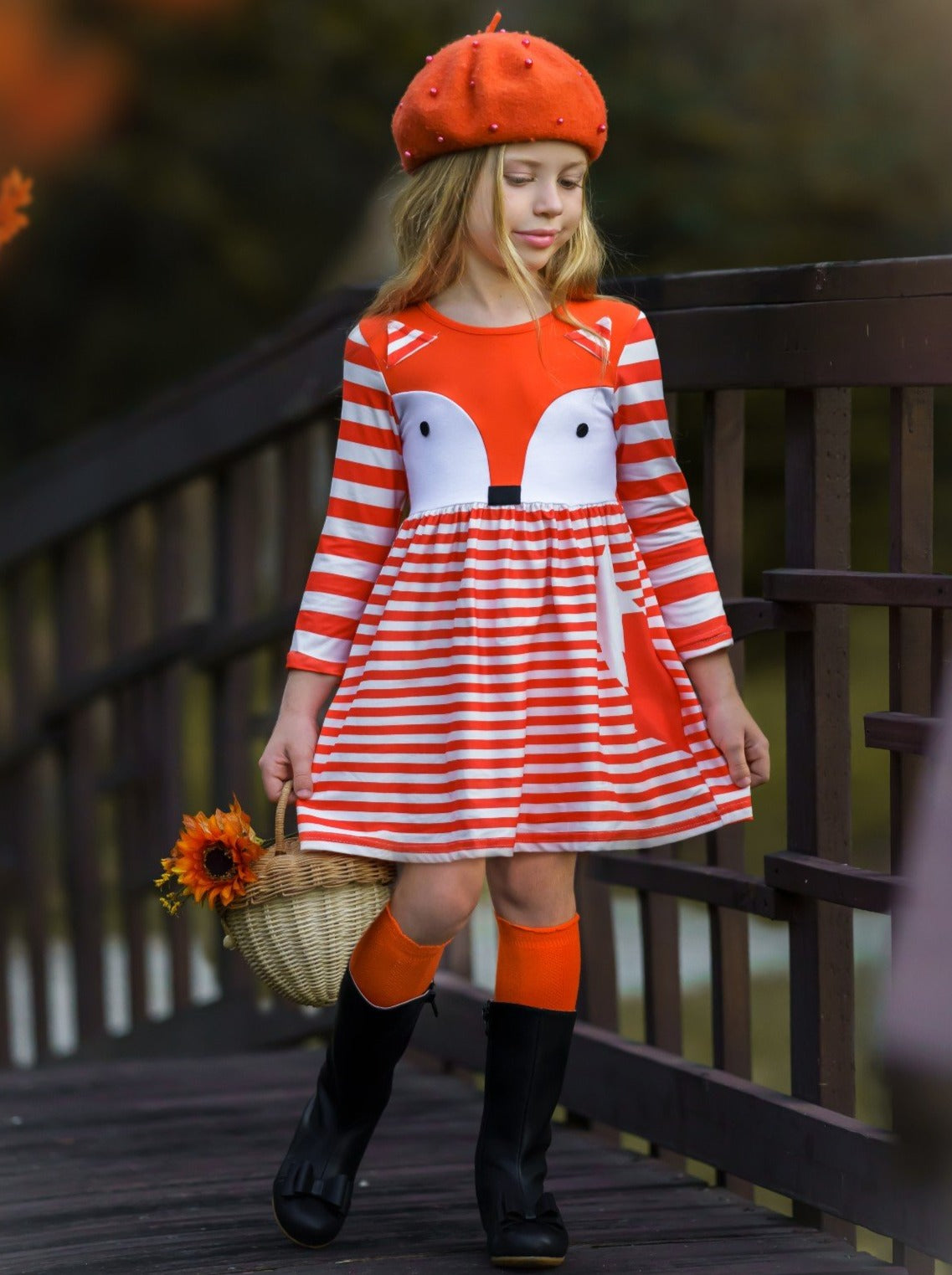 Girls Long Sleeve Striped Fox Dress orange and white