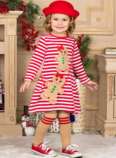 Toddler Winter Clothes | Gingerbread Striped Dress, Purse & Socks Set