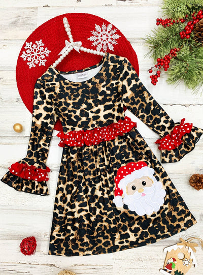 Cute Winter Dresses | Girls Leopard Print Santa Applique Ruffle Dress