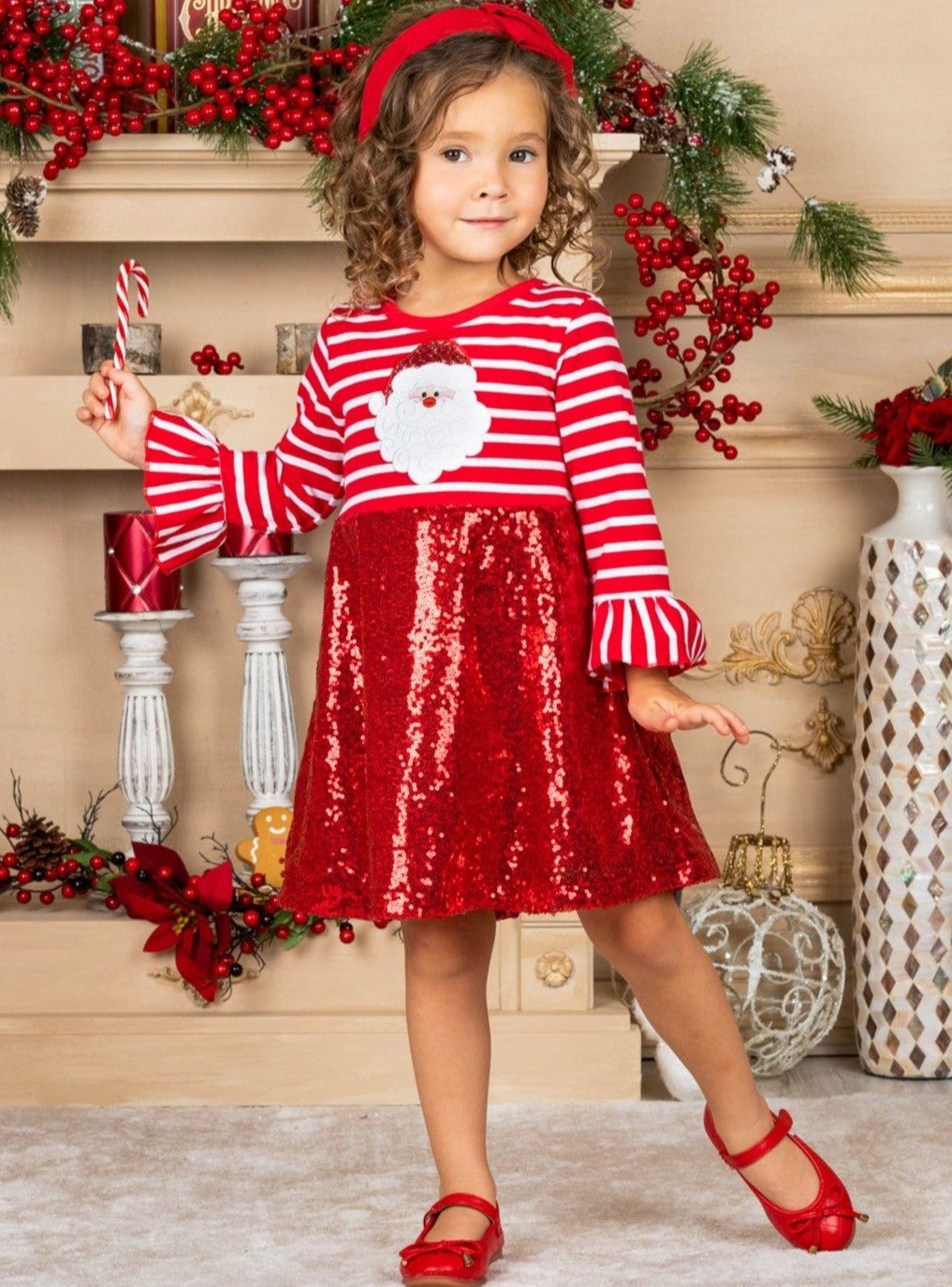 Toddler Christmas Dresses | Girls Santa Striped Sequin Party Dress