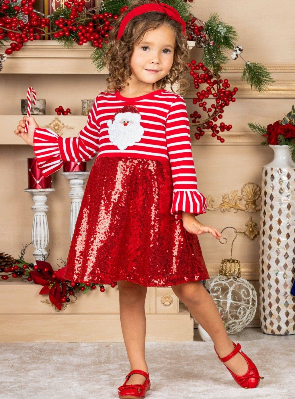 Toddler Christmas Dresses | Girls Santa Striped Sequin Party Dress
