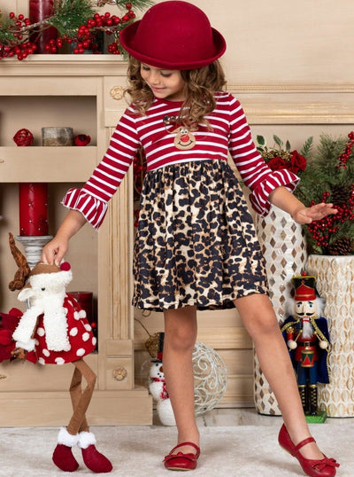 Cute Winter Dresses | Girls Rudolph Striped Bodice Leopard Print Dress