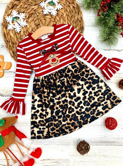 Cute Winter Dresses | Girls Rudolph Striped Bodice Leopard Print Dress