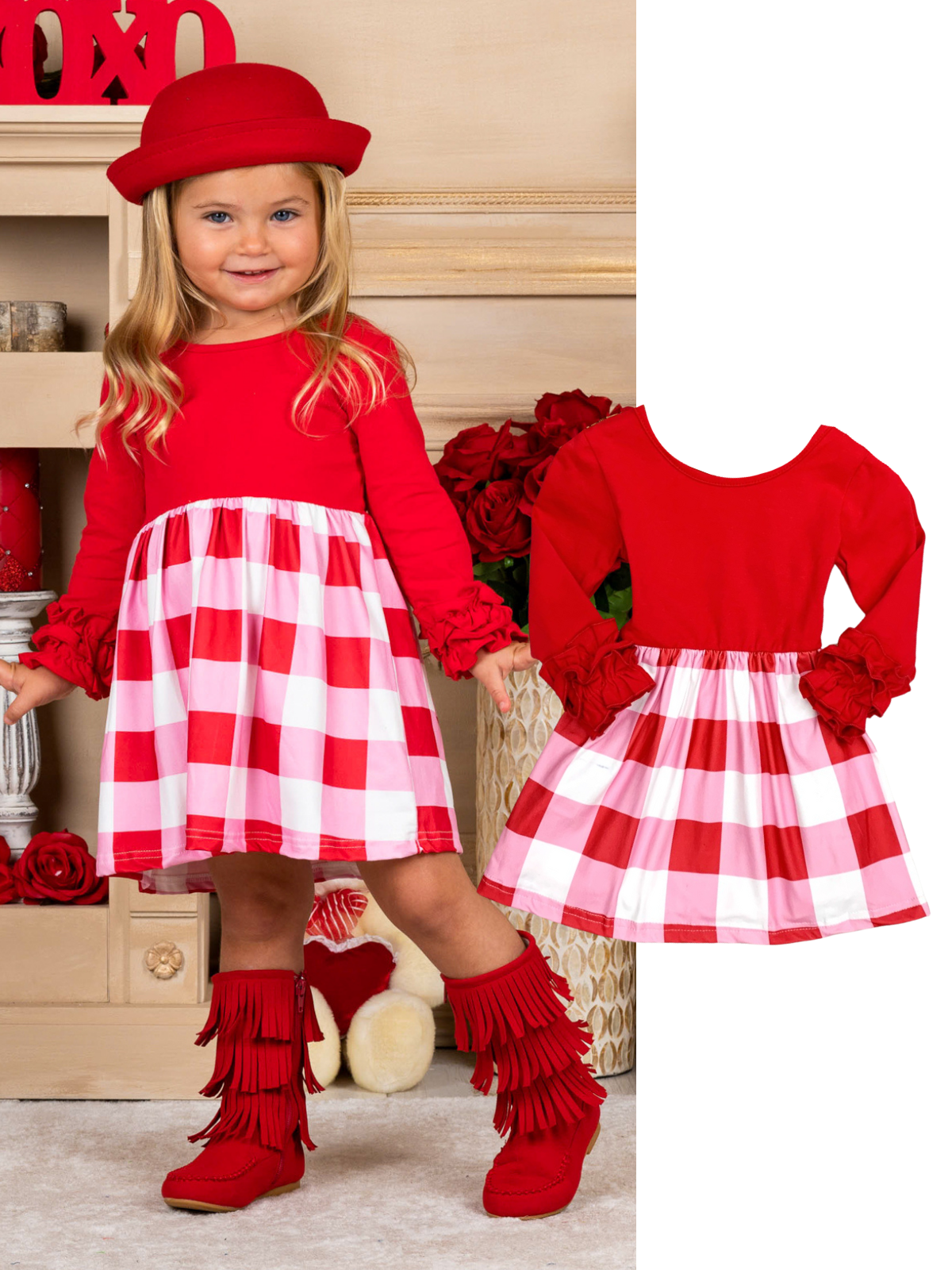 Toddlers Valentine's Clothes | Girls Colorblock Plaid Skirted Dress