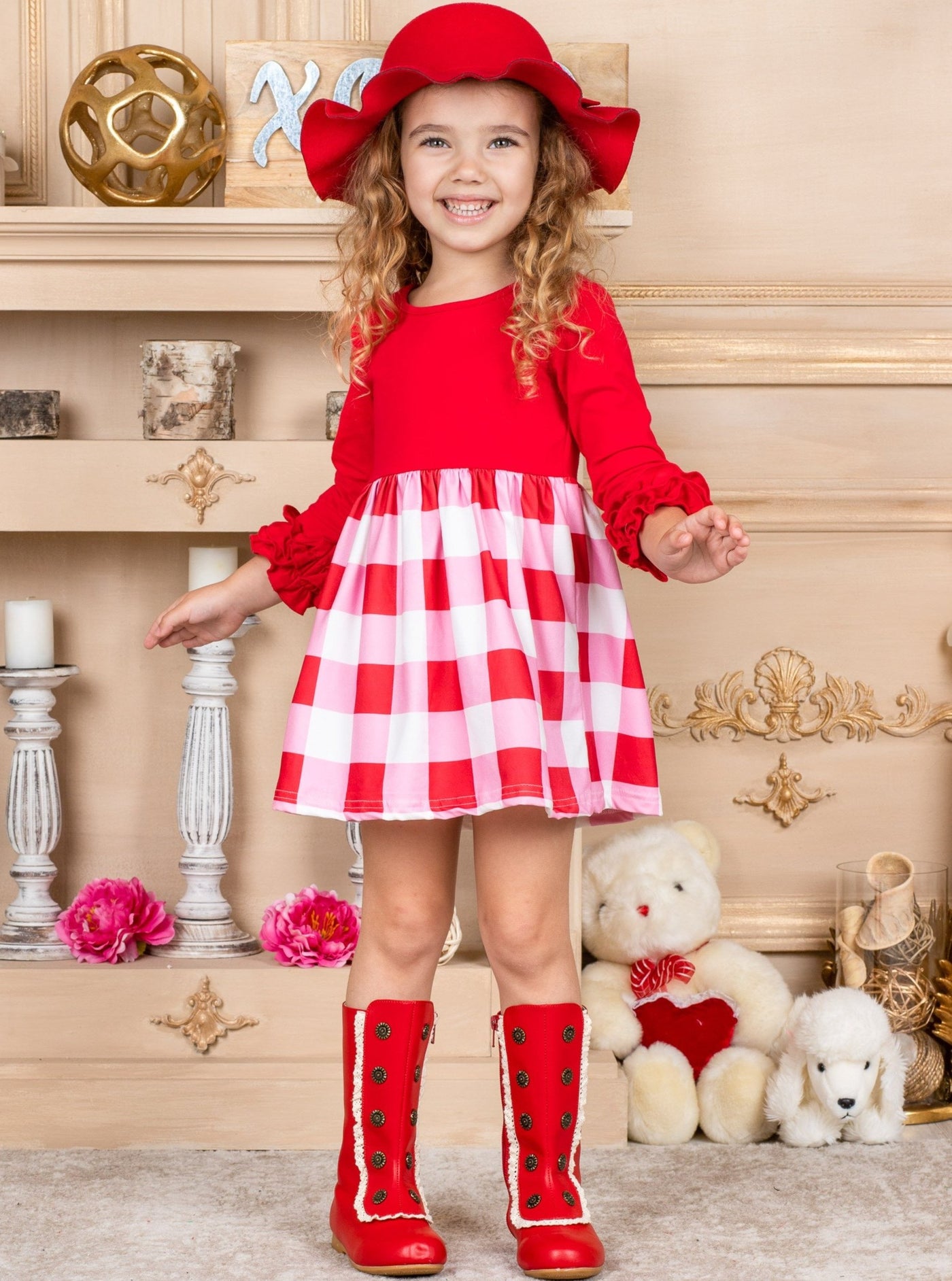 Toddlers Valentine's Clothes | Girls Colorblock Plaid Skirted Dress