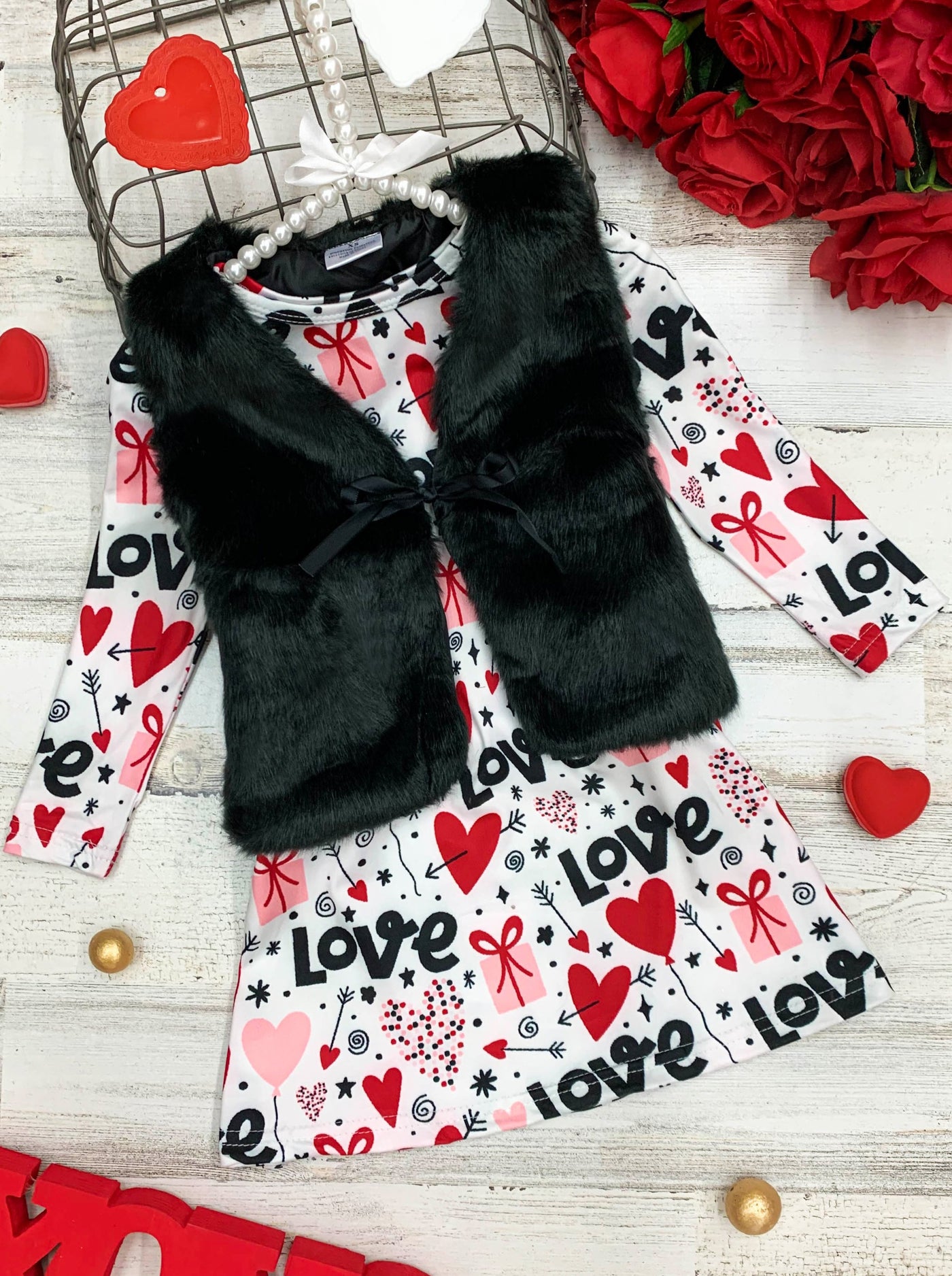 Girls Long Sleeve Valentine Dress and Fuzzy Vest Set 2T-10Y