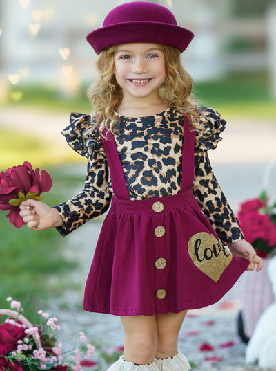 Kids Valentine's Clothes | Leopard Ruffle Top & Suspender Skirt Set