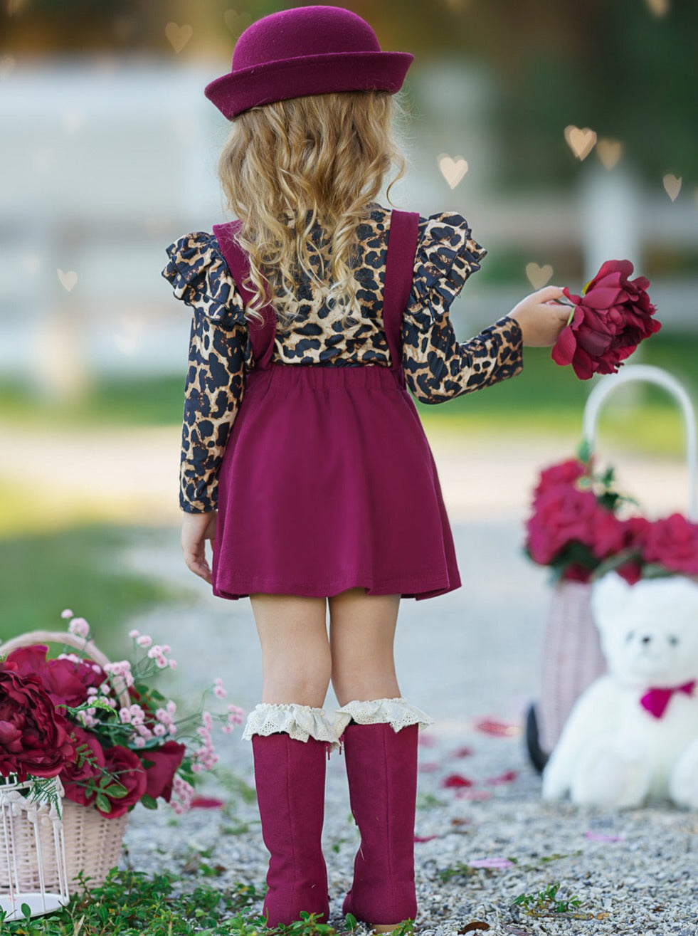 Kids Valentine's Clothes | Leopard Ruffle Top & Suspender Skirt Set