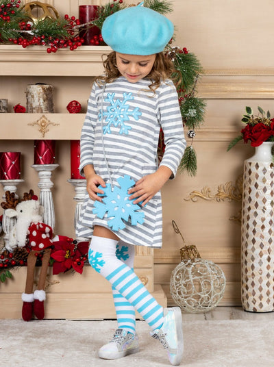 Girls "Snowflake" Striped Print Dress, Purse and Socks Set