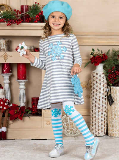 Girls "Snowflake" Striped Print Dress, Purse and Socks Set