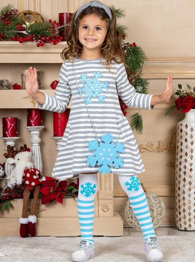 Girls "Snowflake" Striped Print Dress, Purse and Socks Set 2T-10Y