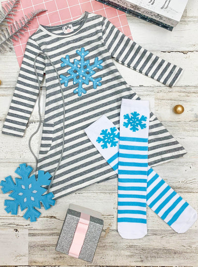 Girls "Snowflake" Striped Print Dress, Purse and Socks Set 2T-10Y
