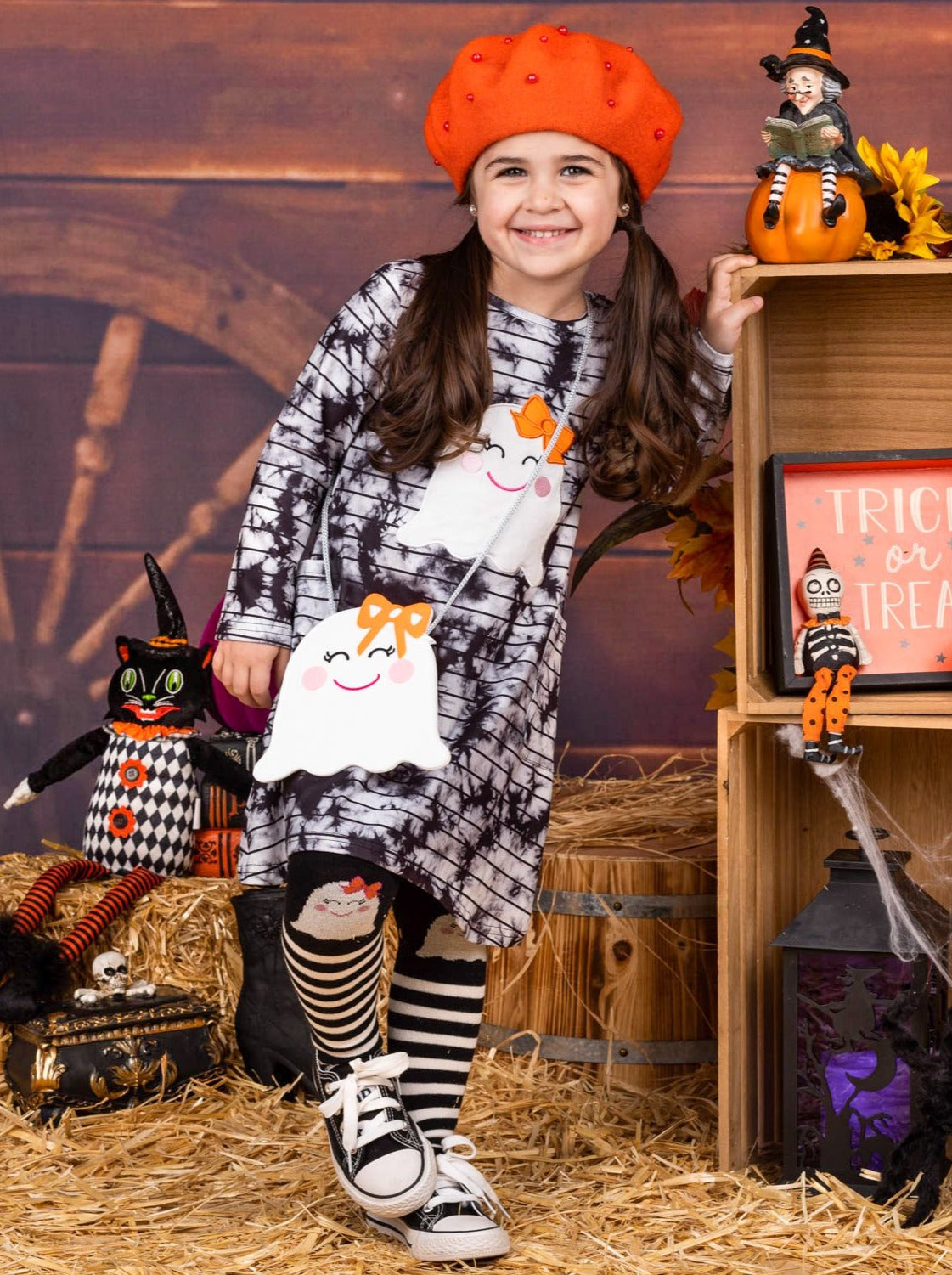 Little girls Halloween long-sleeve tie-dye striped A-line dress with ghost girl applique, pockets, matching striped knee-high socks, and ghost crossbody purse - Mia Belle Girls