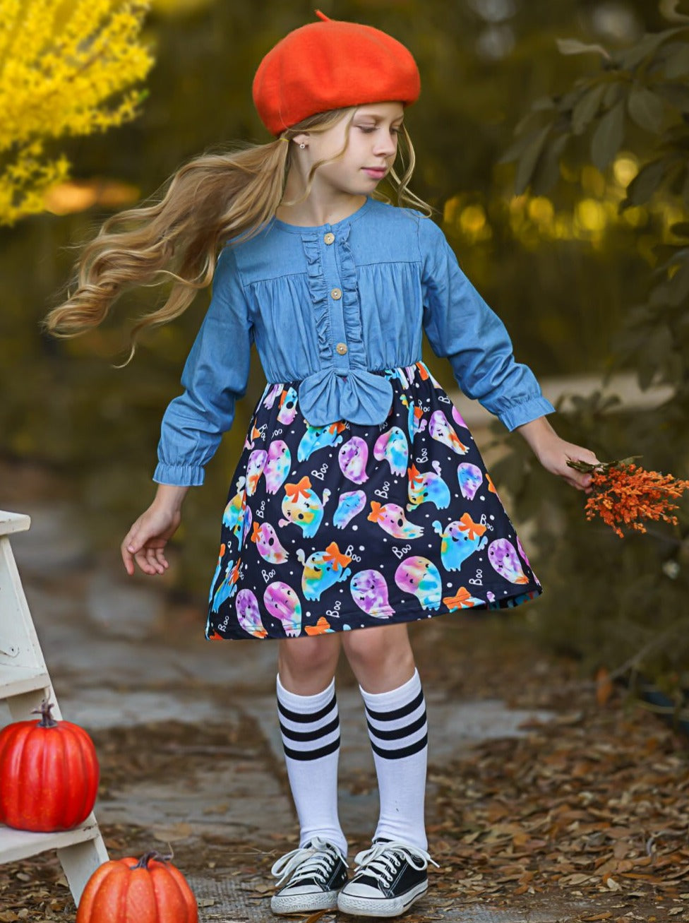 Girls Halloween Apparel | Chambray Top Ghost Dress - Mia Belle Girls
