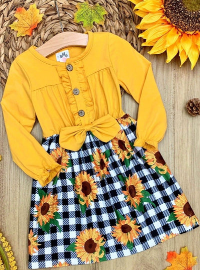Girls Long Sleeve Plaid and Sunflower Print Dress