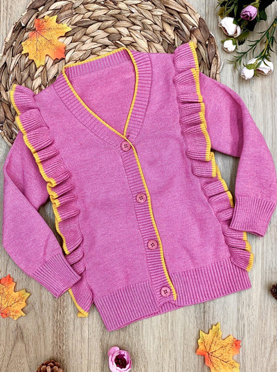 Girls Sweaters | Pink Ruffled Buttoned Knit Cardigan | Mia Belle Girls