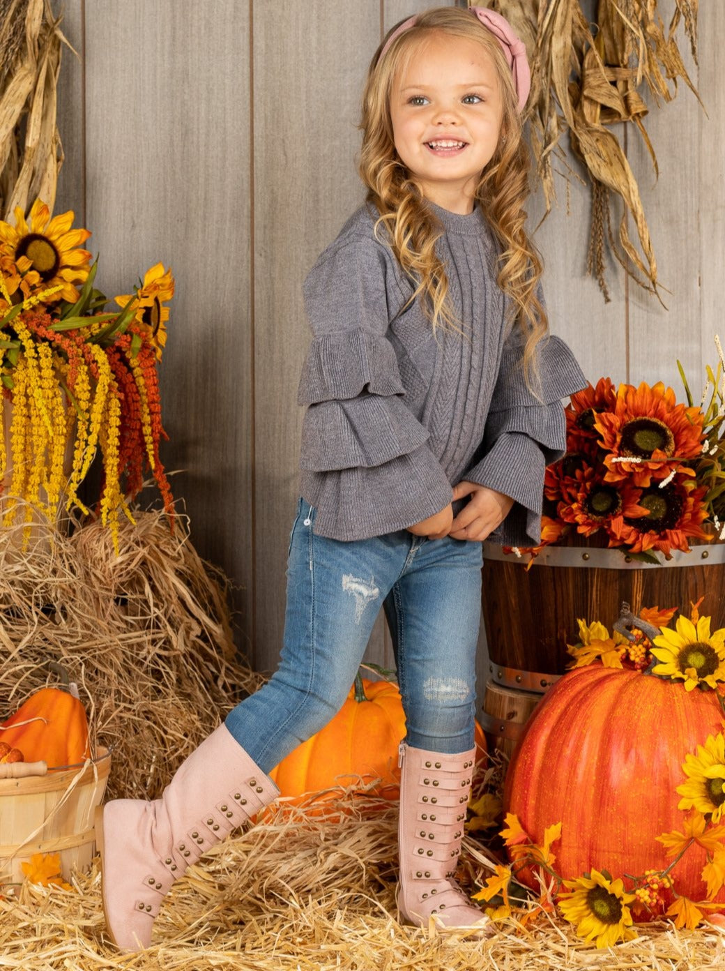 Toddler Fall Sweaters | Tiered Sleeve Grey Sweater | Mia Belle Girls