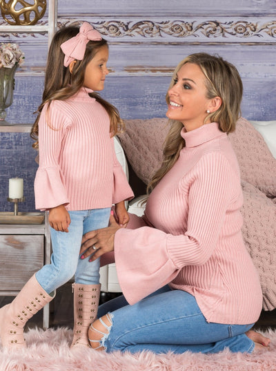 Mommy & Me Matching Sweaters | Turtleneck Bell Sleeve Rib Knit Sweater