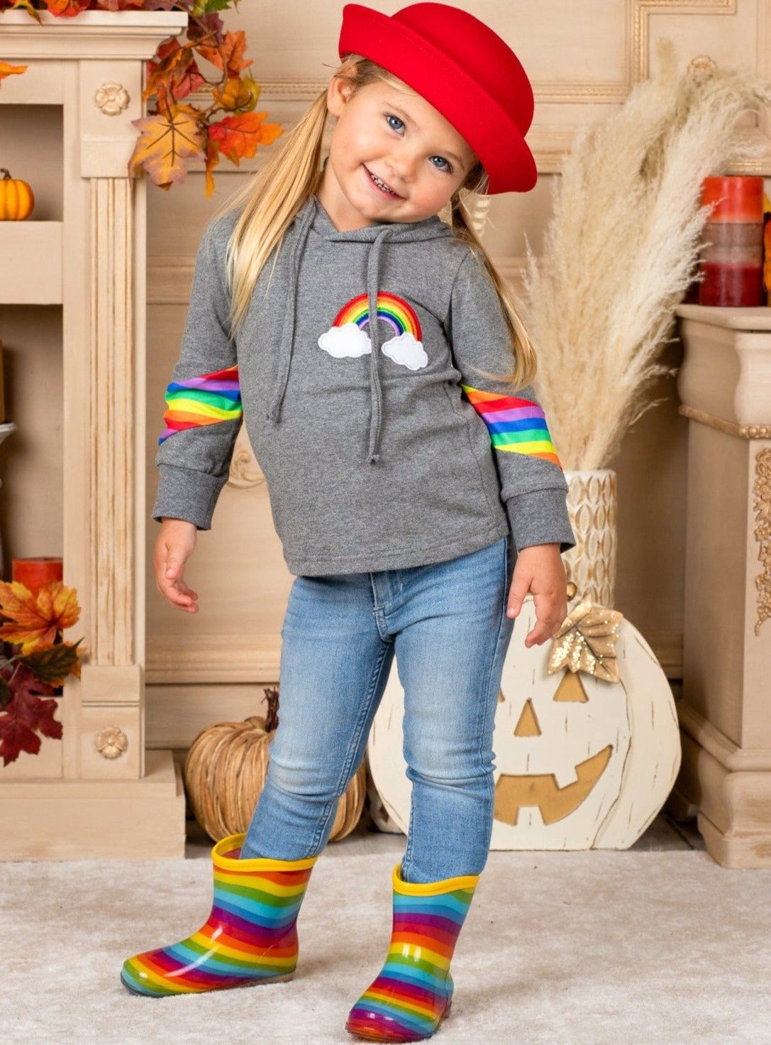 Girls Sweatshirts | Rainbow Drawstring Hoodie Top | Mia Belle Girls