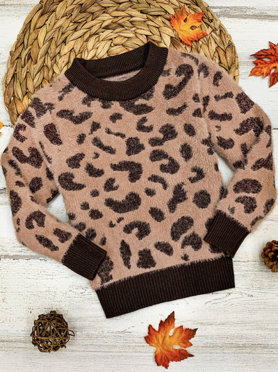 Girls Fuzzy Leopard Print Banded Sweater