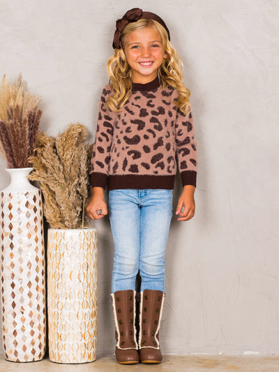 Girls Fuzzy Leopard Print Banded Sweater
