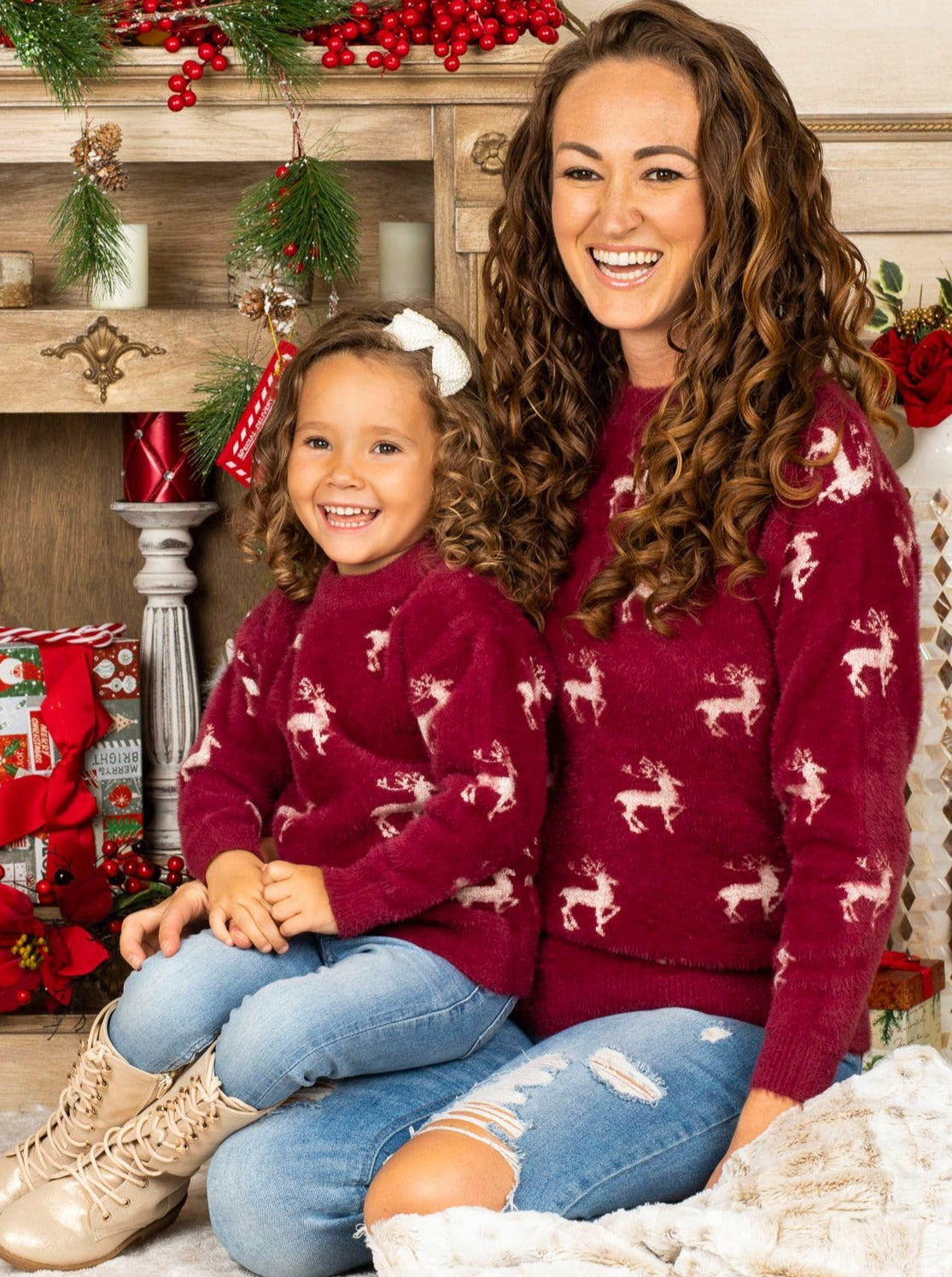 Mommy and Me Matching Tops | Winter Burgundy Reindeer Print Sweater 