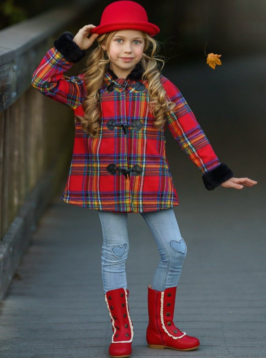 Toddlers Fall Coats | Girls Plaid Hoodie Coat with Faux Fur Cuffs 