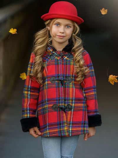 Toddlers Fall Coats | Girls Plaid Hoodie Coat with Faux Fur Cuffs 