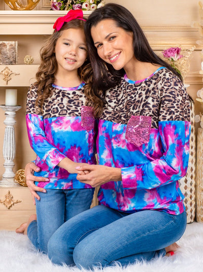 Mommy & Me Matching Tops | Animal Print Sequin Pocket Colorblock Tie Dye