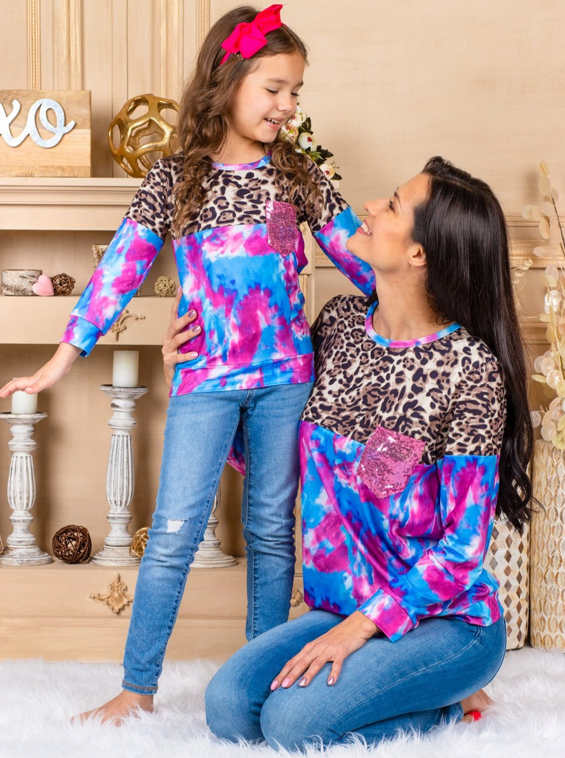 Mommy & Me Matching Tops | Animal Print Sequin Pocket Colorblock Tie Dye