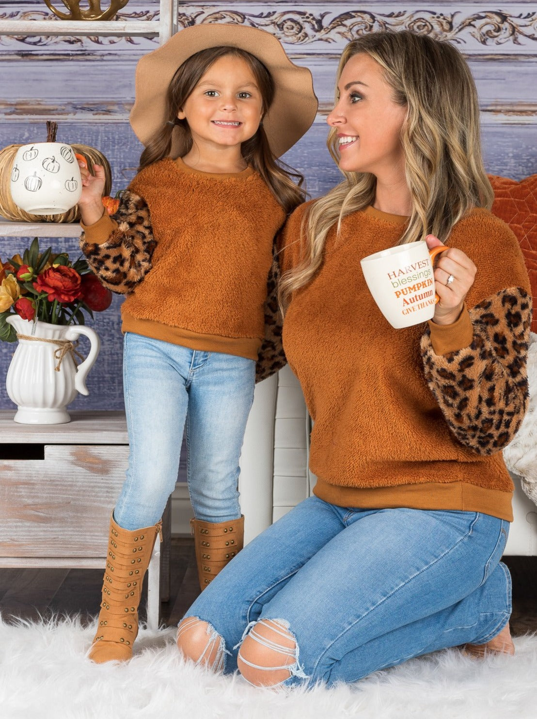 Mommy and Me Matching Sweaters | Fleece Leopard Print Raglan Sweaters