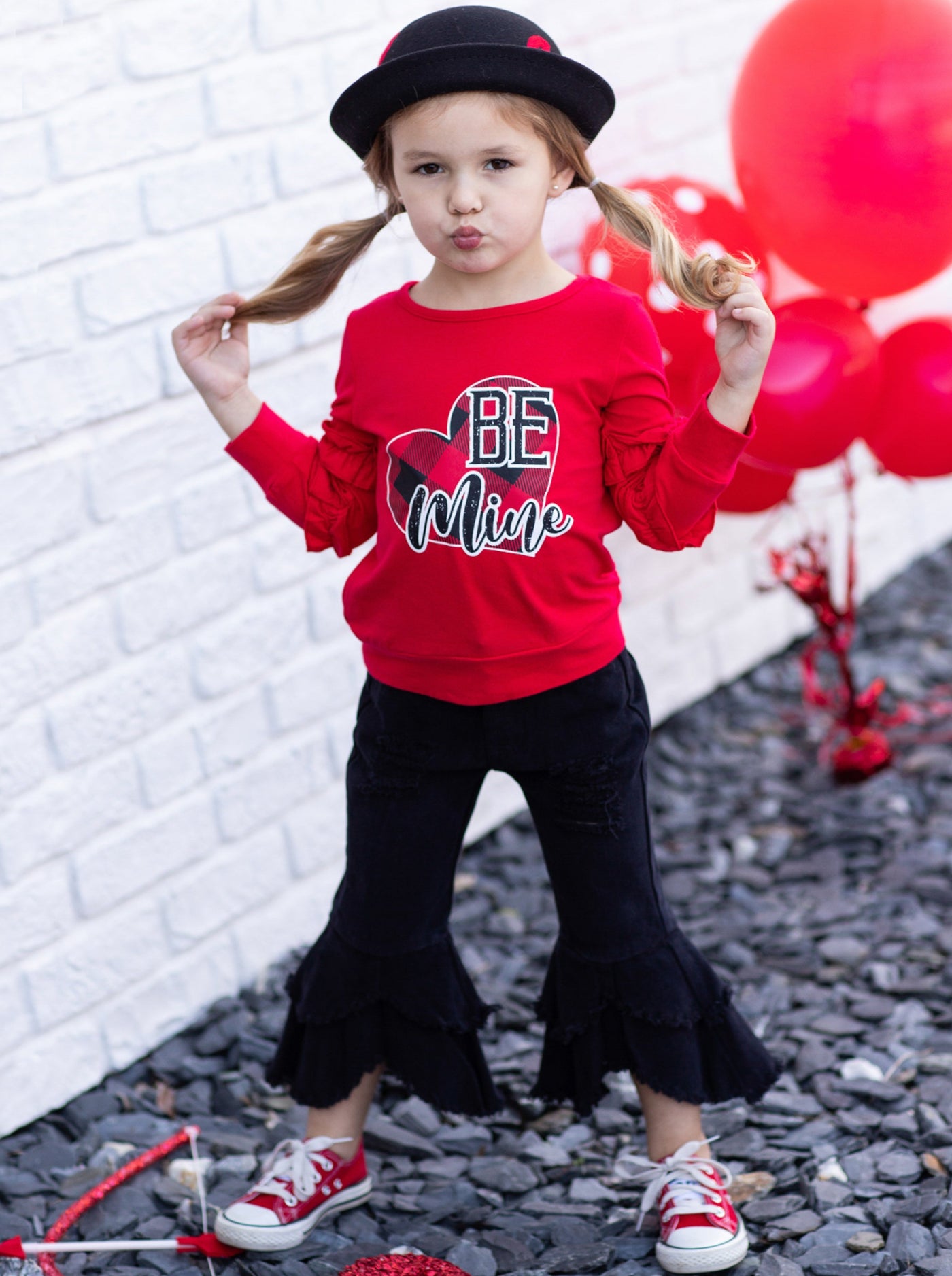 Girls Valentine's Outfits | Be Mine Ruffle Top & Bell Bottom Jeans Set