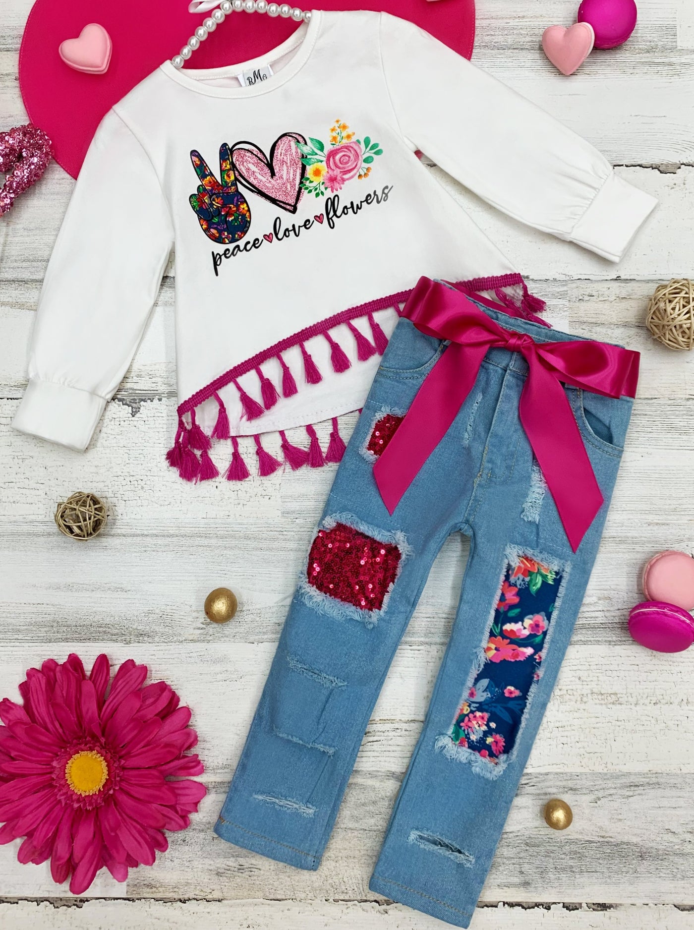 Kids Valentine's Clothes | Girls Tassel Heart Top & Patched Jeans Set