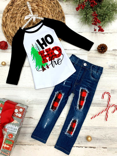 Cute Winter Sets | Girls Ho Ho Ho Raglan Top and Patched Jeans Set