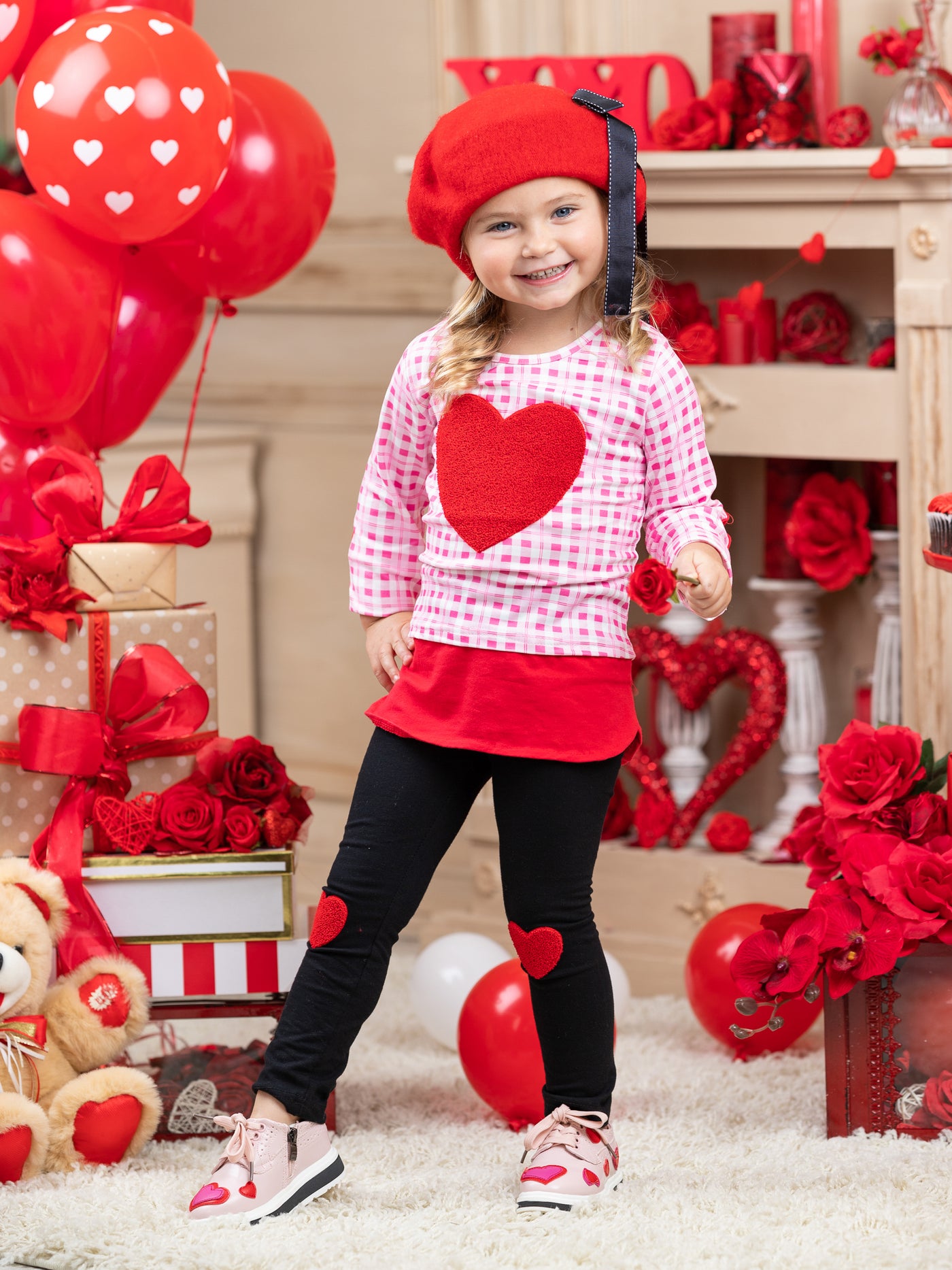 Kids Valentine's Clothes | Girls Heart Checkered Top & Legging Set