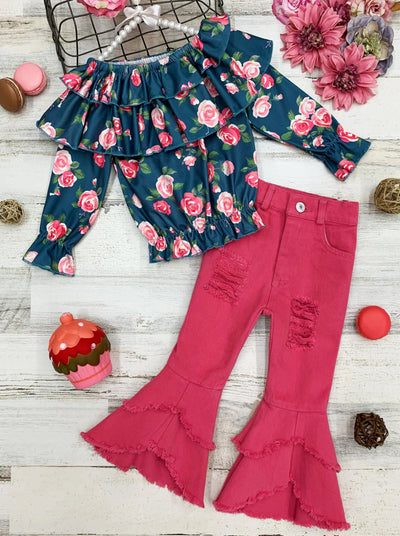 Girls Ruffled Flower Print Top and Bell-bottomed distressed Jeans Set 2T-10Y Spring Pink jeans blue with flower top
