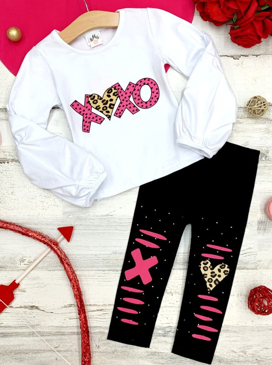Girls Long Sleeve white "XOXO" Heart Top and black Knee Patch Leggings Set 2T-10Y 