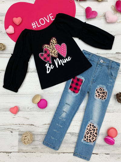 Girls Long Sleeve "Be Mine" Heart Top and Patched Jeans Set 2T-10Y