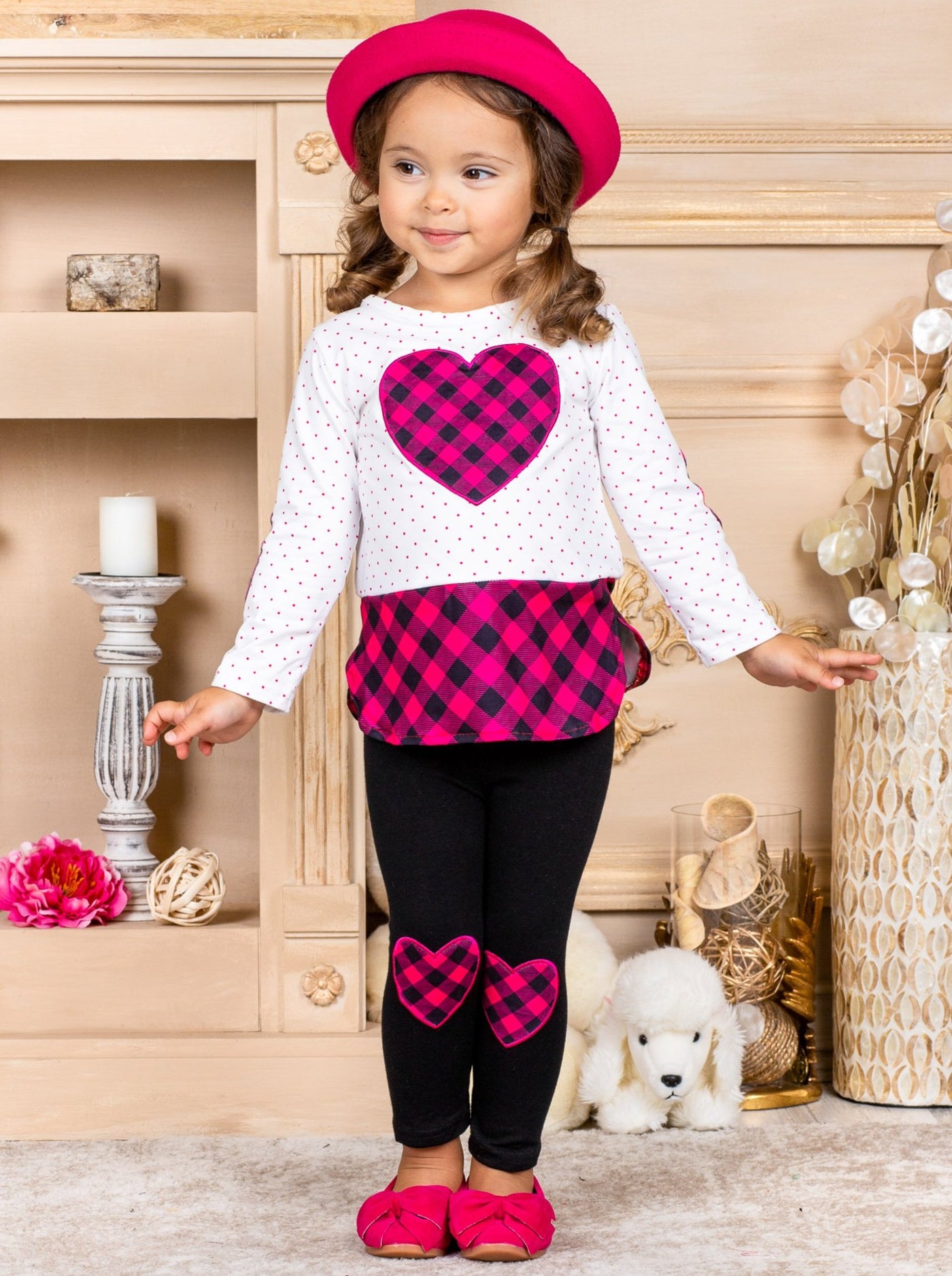 Valentine's Outfit | Girls Plaid Heart Polka Dot Tunic & Legging Set 