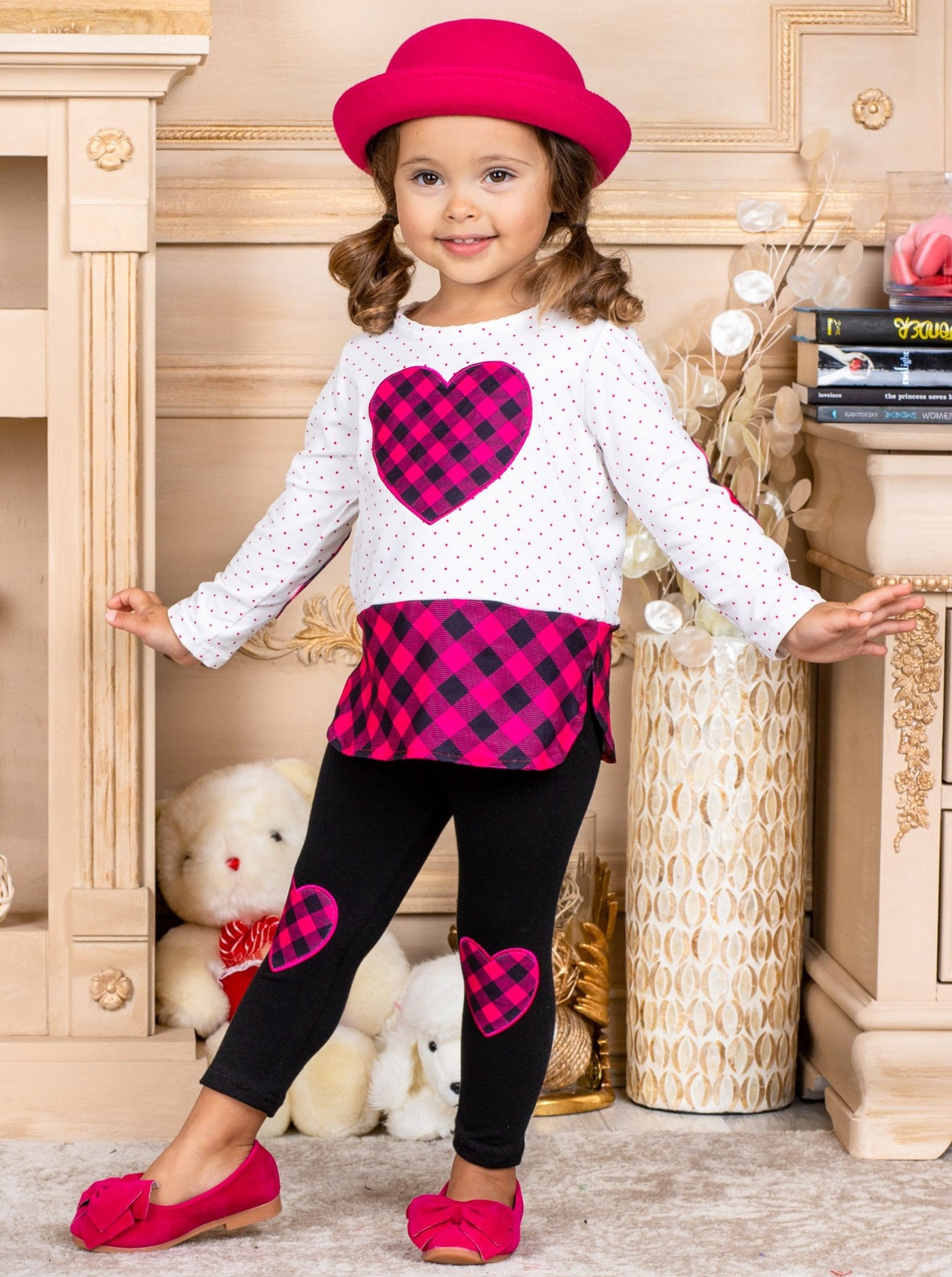 Valentine's Outfit | Girls Plaid Heart Polka Dot Tunic & Legging Set 