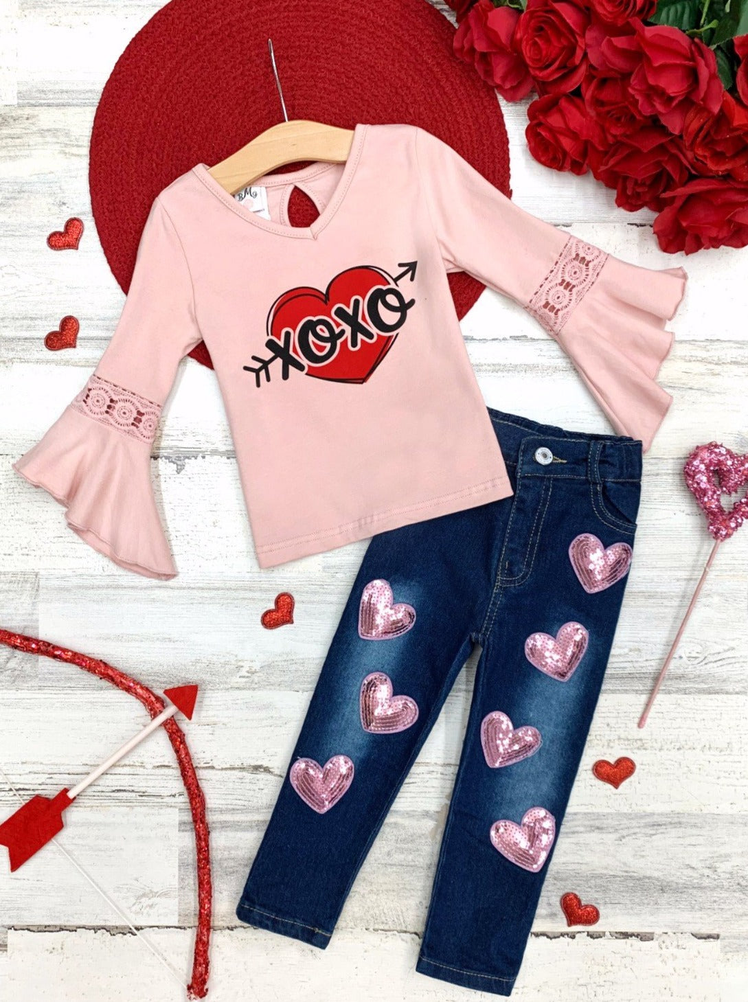 Valentine's Day Clothes | Kimono Sleeve Top & Sequin Hearts Jeans Set