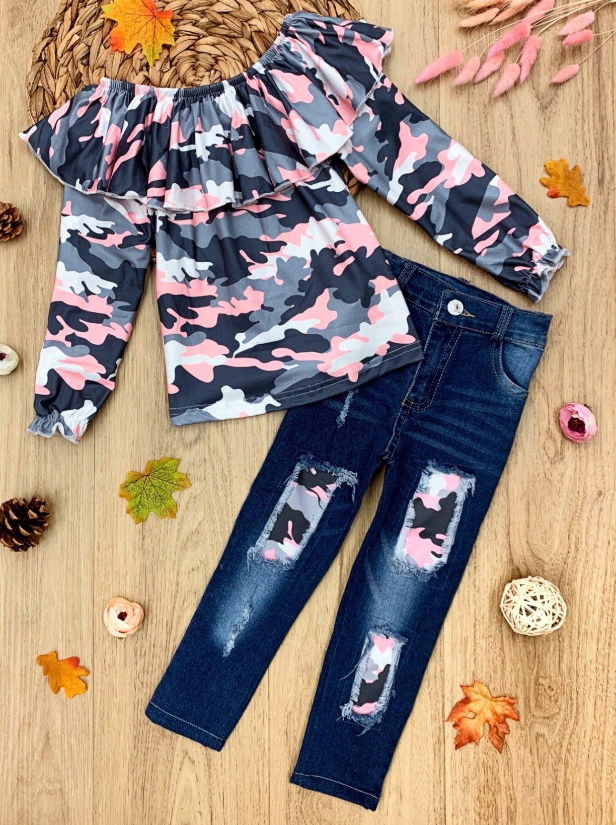 Fall Outfits | Camo Ruffle Bib Top & Patched Jeans Set | Boutique Set
